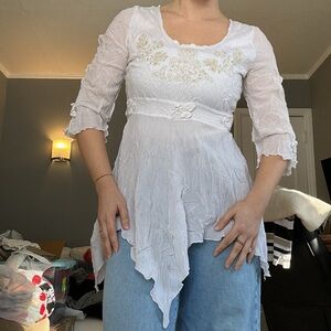 Y2K Elegant Fairy Vibe White Flowy Crinkle Detailed Women's Top